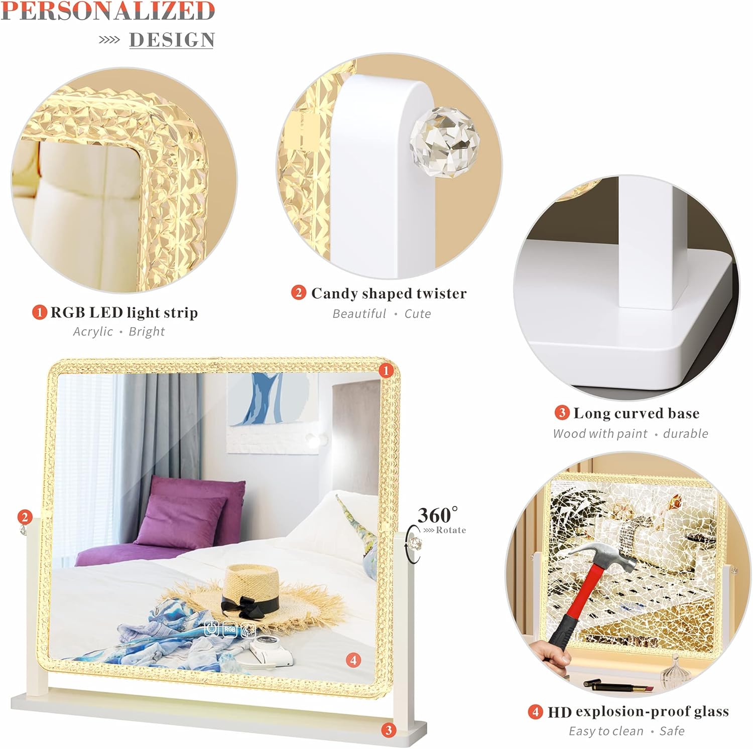 مرآة زينة تعمل باللمس مع إضاءة