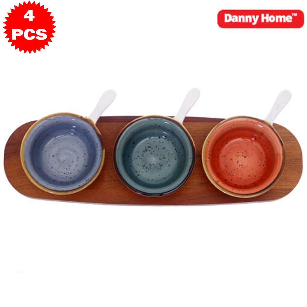 طقم تقديم سيراميك مع قاعدة خشب بامبو – 4 قطع