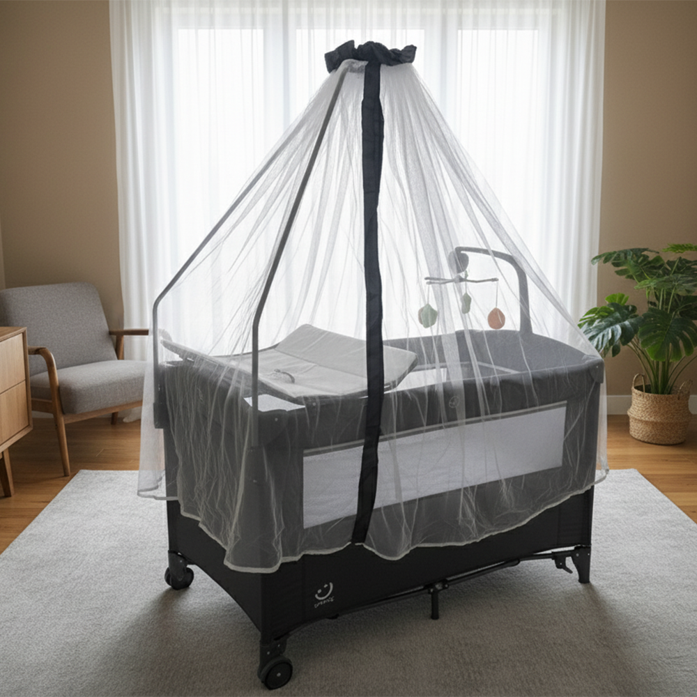 سرير أطفال قابل للطي مع ناموسية وطاولة تغيير