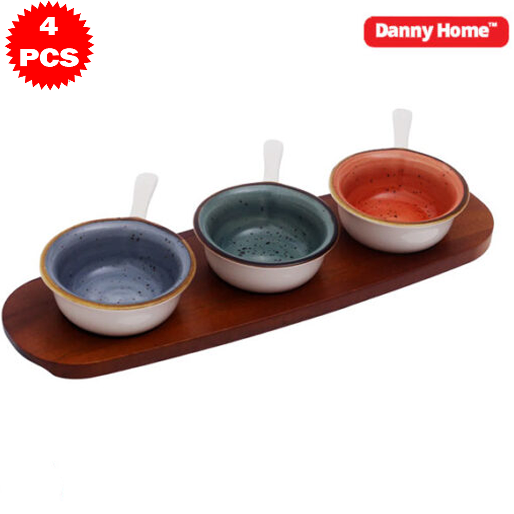 طقم تقديم سيراميك مع قاعدة خشب بامبو – 4 قطع