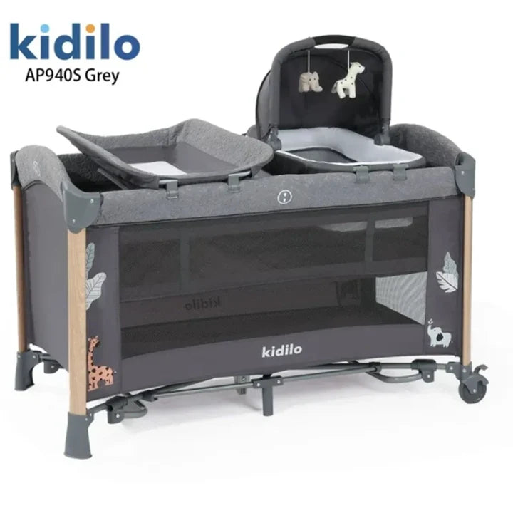 سرير أطفال Kidilo AP940S Khaki – سرير وساحة لعب متعددة الاستخدامات بتصميم عملي مع طاولة تبديل ومهد مريح