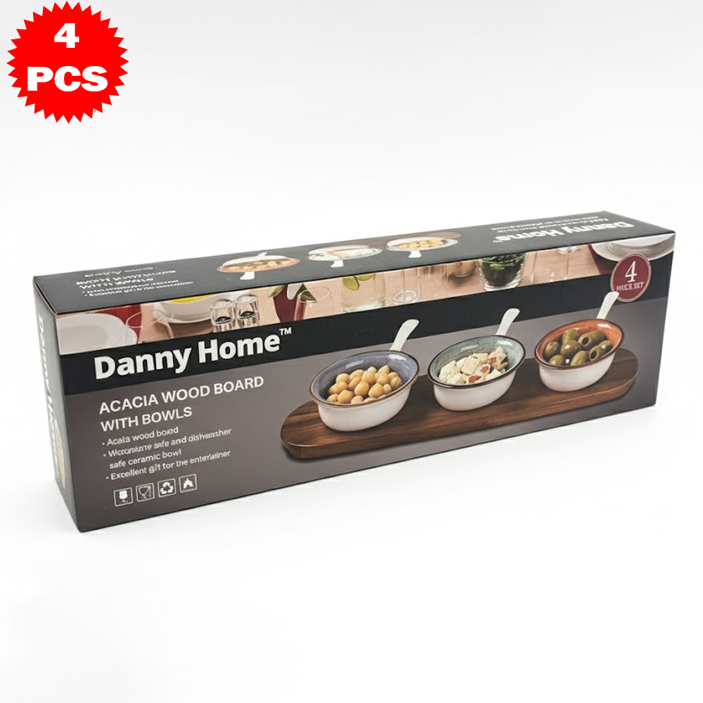 طقم تقديم سيراميك مع قاعدة خشب بامبو – 4 قطع