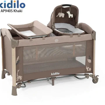 سرير أطفال Kidilo AP940S Khaki – سرير وساحة لعب متعددة الاستخدامات بتصميم عملي مع طاولة تبديل ومهد مريح