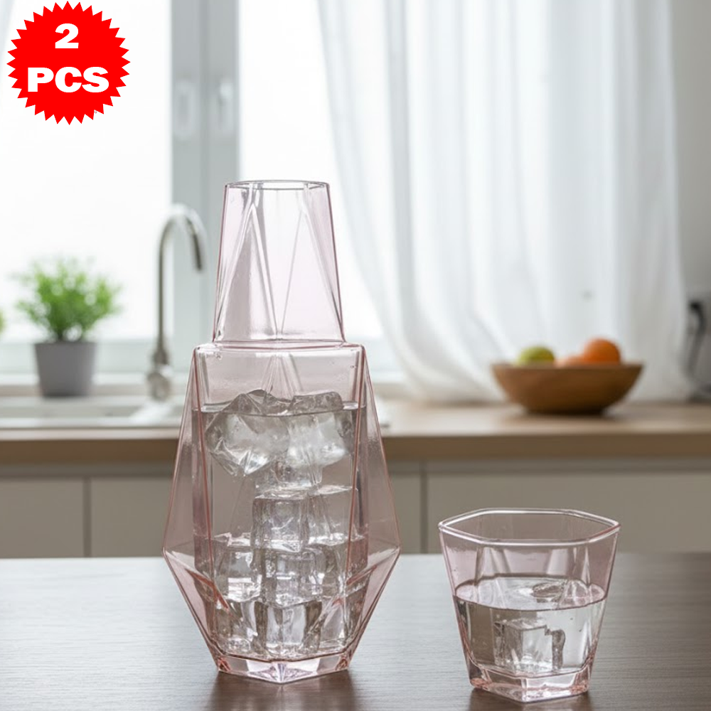 طقم قارورة وكوب زجاجي هندسي – 2 قطعة