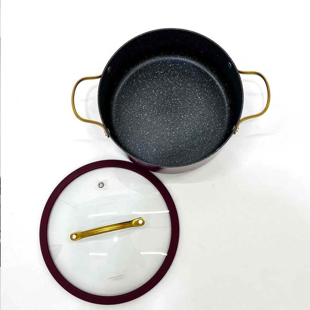 قدر طهي غير لاصق بغطاء زجاجي - 20/22/24 سم، اللون: عنابي وذهبي