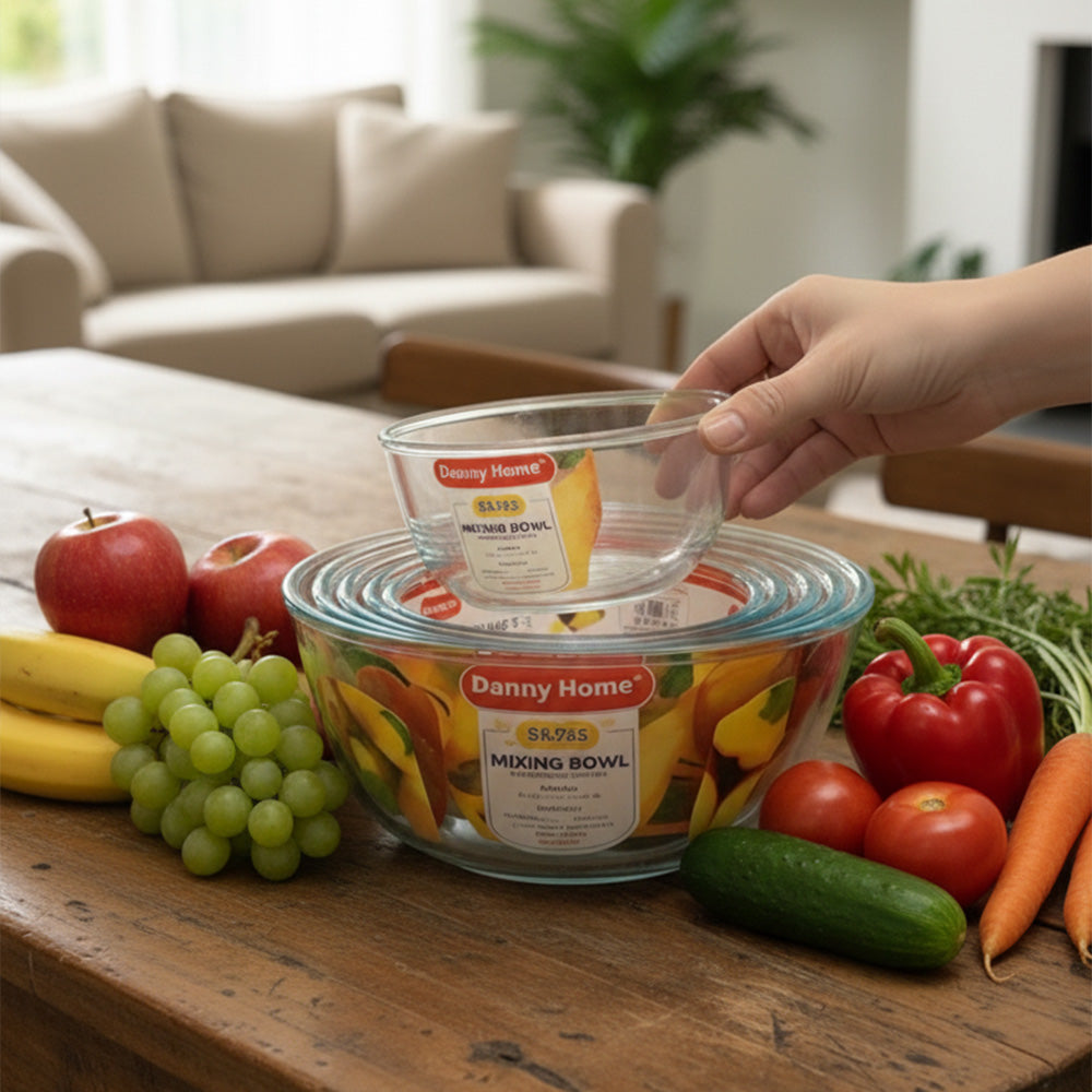 مجموعة أوعية خلط زجاجية - أوعية شفافة مقاومة للحرارة (500 مل - 2700 مل)