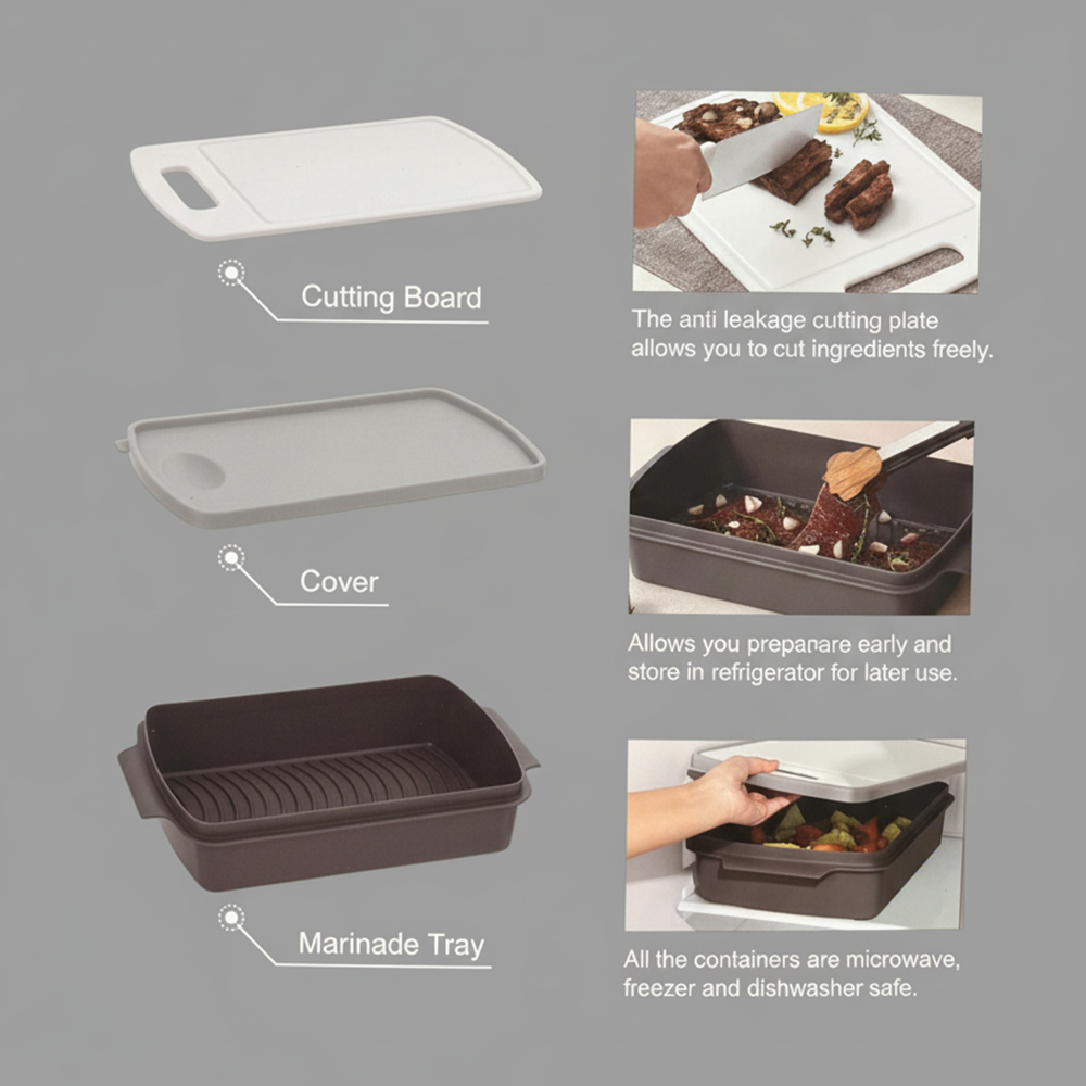 علبة التتبيلة والطعام ولوح التقطيع