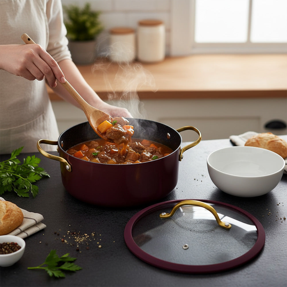 قدر طهي غير لاصق بغطاء زجاجي - 20/22/24 سم، اللون: عنابي وذهبي