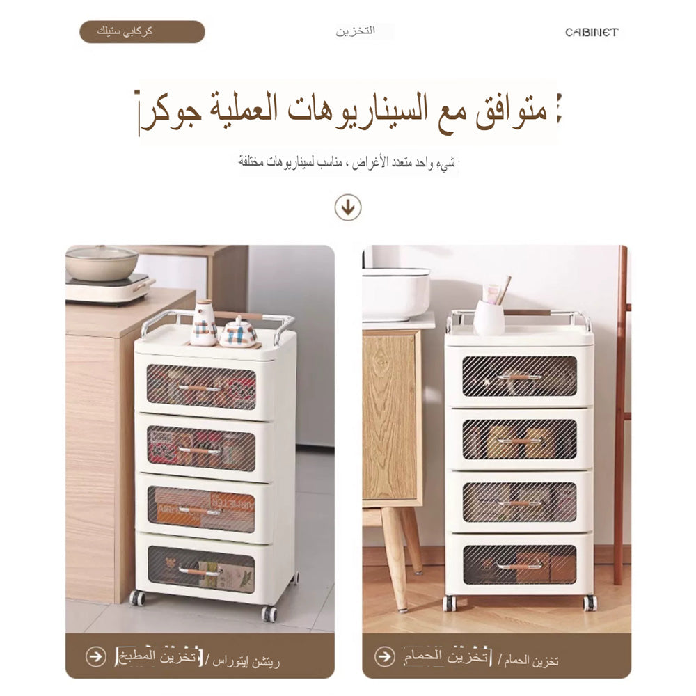 طاولة جانبية بلاستيكية حديثة باللون البني مع أبواب شفافة ودرج بلاستيكي مرن