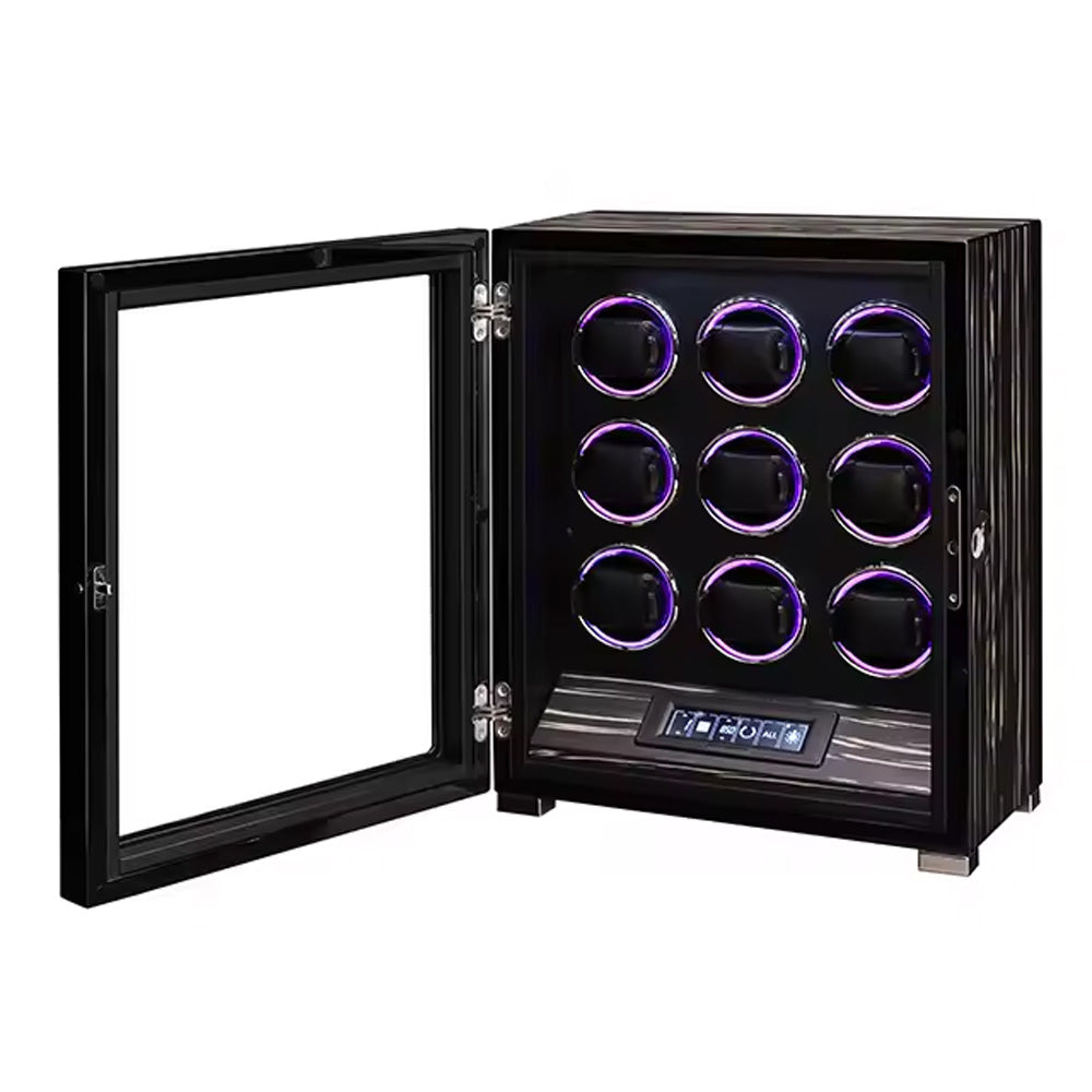 علبة لف ساعات فاخرة متعددة بسعة عرض LED وشاشة لمس LCD – بتشطيب خشبي أسود