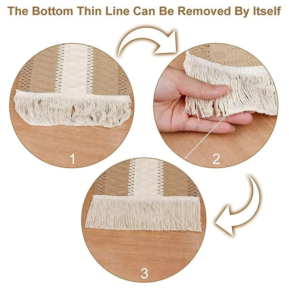 مفرش طاولة كريمي بيج مع شرابات،