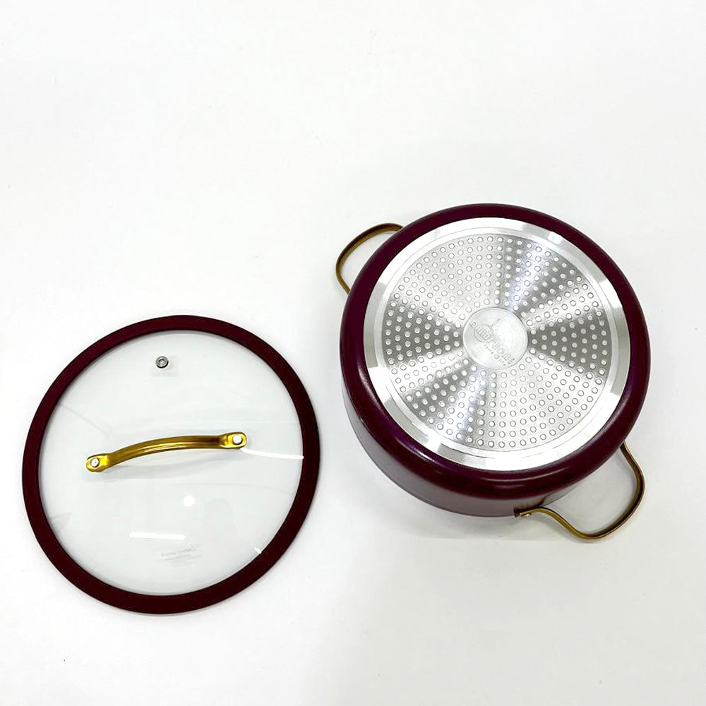 قدر طهي غير لاصق بغطاء زجاجي - 20/22/24 سم، اللون: عنابي وذهبي