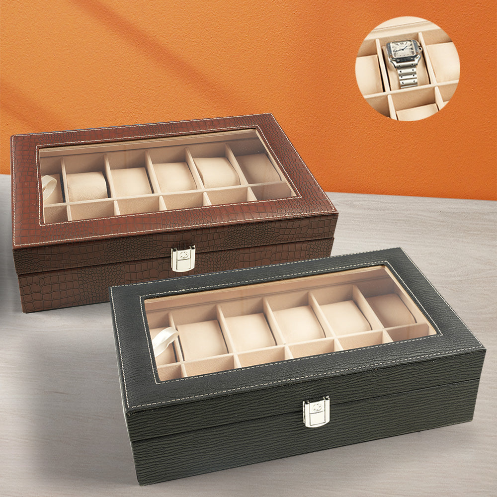 صندوق عرض ساعات من جلد التمساح مع غطاء زجاجي - 12 فتحة