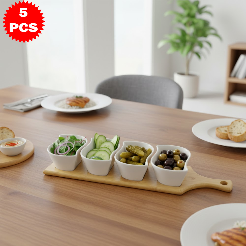 طقم تقديم سيراميك مع قاعدة خشب بامبو – 5 قطع