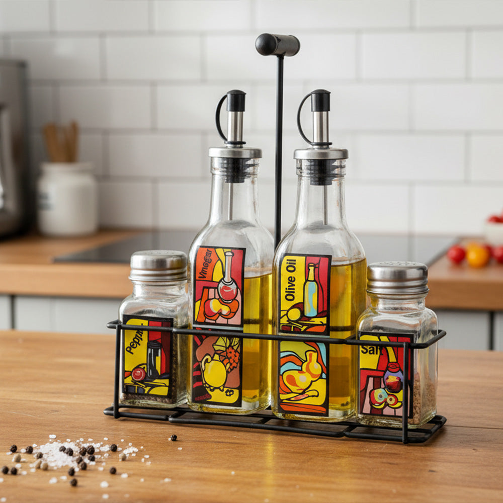 حامل موزع الزيت والخل والملح والفلفل 5 قطع