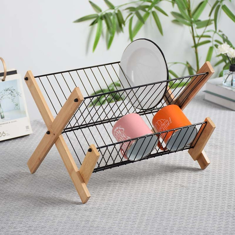 مصفاة أطباق عصرية من الخيزران والفولاذ بطبقتين