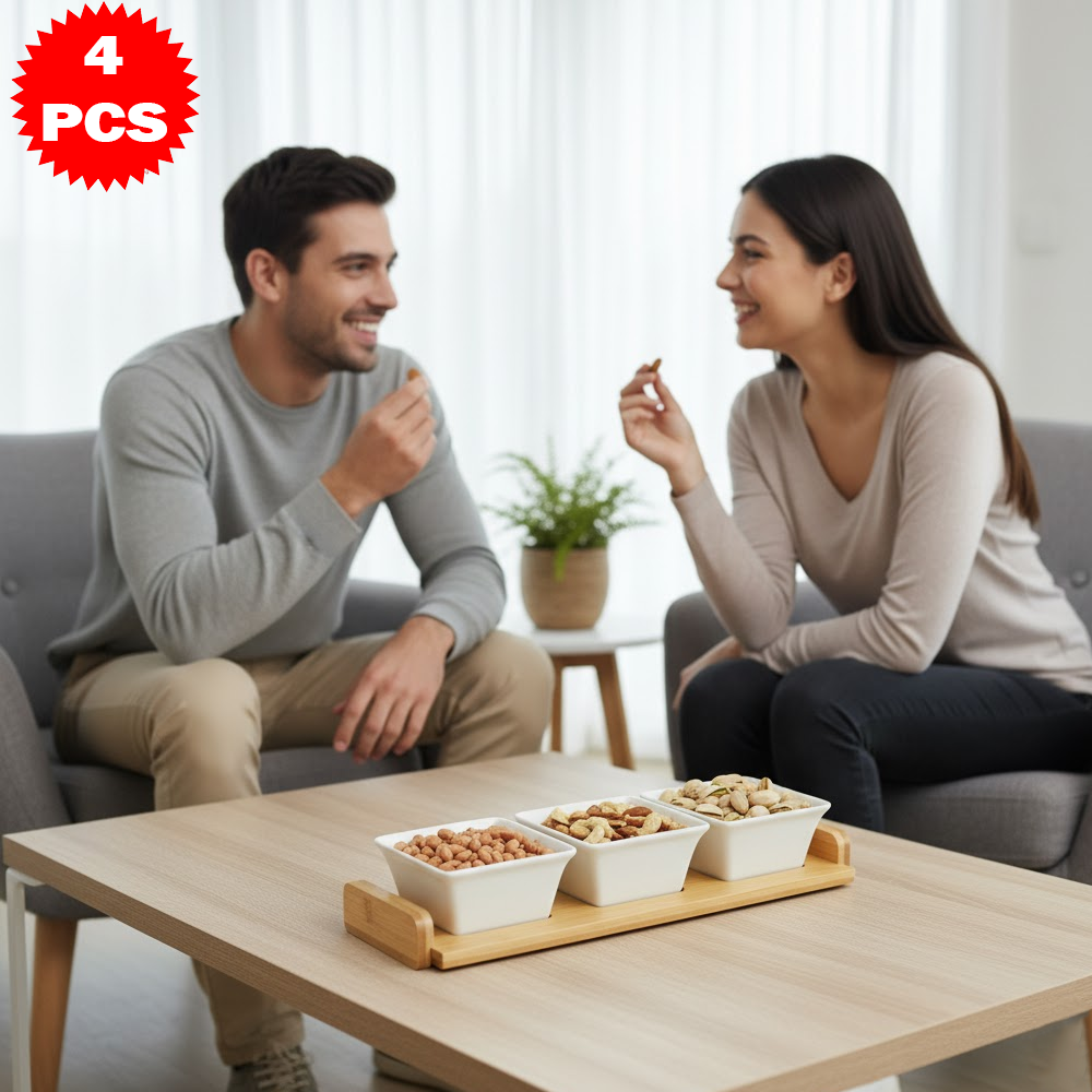 طقم تقديم سيراميك مربع مع قاعدة خشب بامبو – 4 قطع