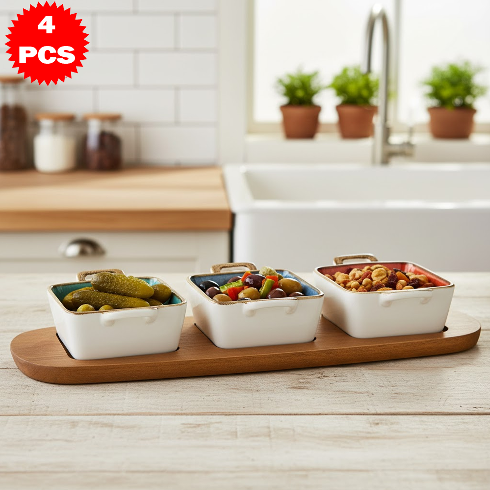 طقم 4 قطع 3 أوعية مع لوح خشب أكاسيا