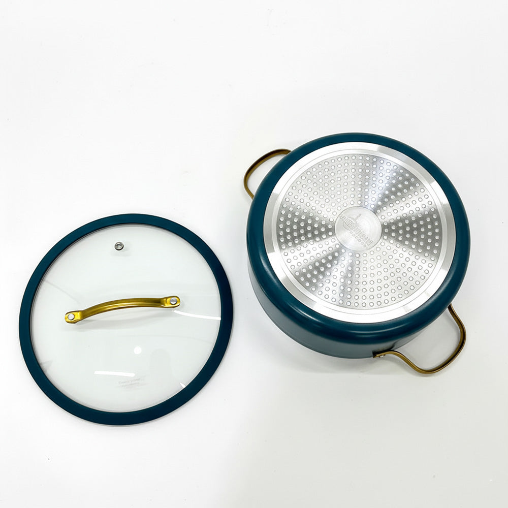 قدر طهي غير لاصق بغطاء زجاجي - 20/22/24 سم، اللون: أزرق مخضر وذهبي
