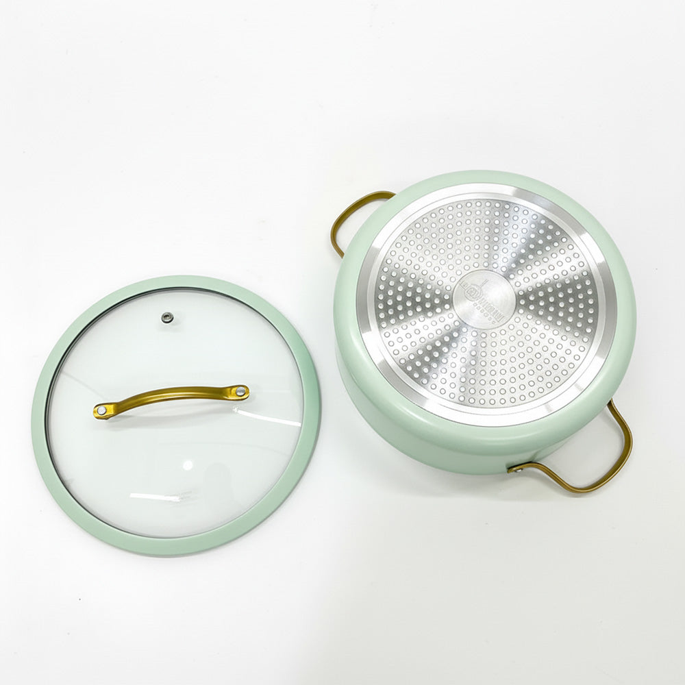 قدر طهي غير لاصق بغطاء زجاجي - 20/22/24 سم، اللون: أزرق فاتح وذهبي