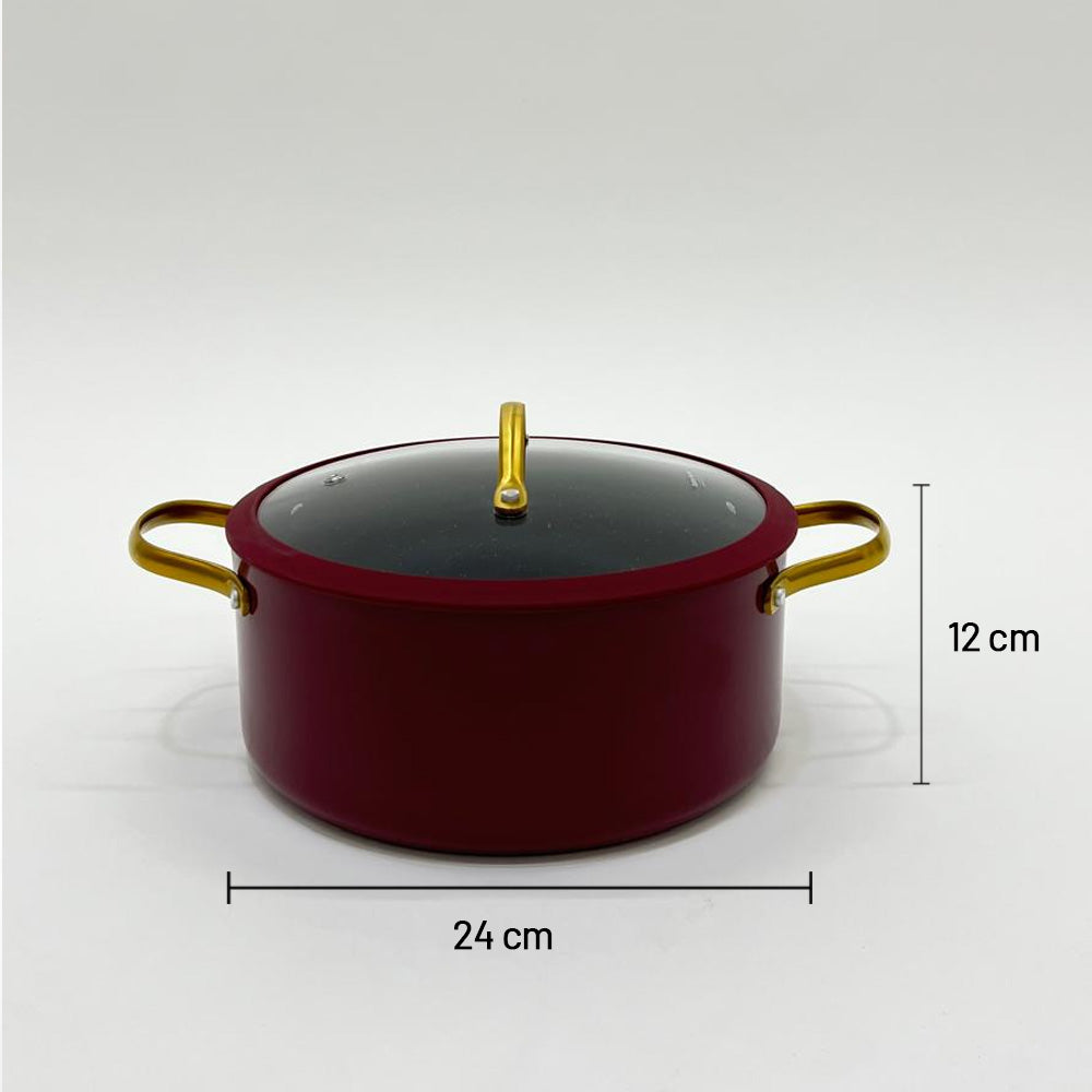 قدر طهي غير لاصق بغطاء زجاجي - 20/22/24 سم، اللون: عنابي وذهبي