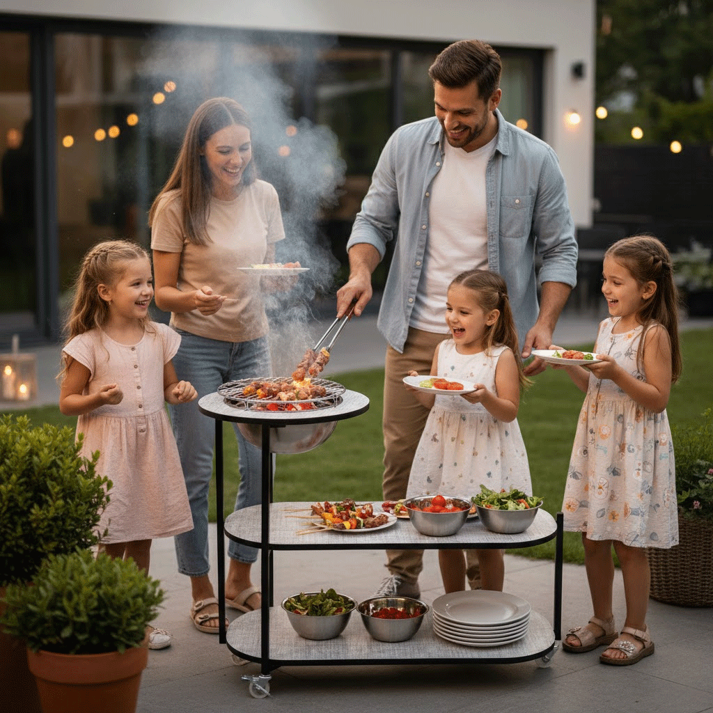 طاولة خشب وعدة شواء معدنية