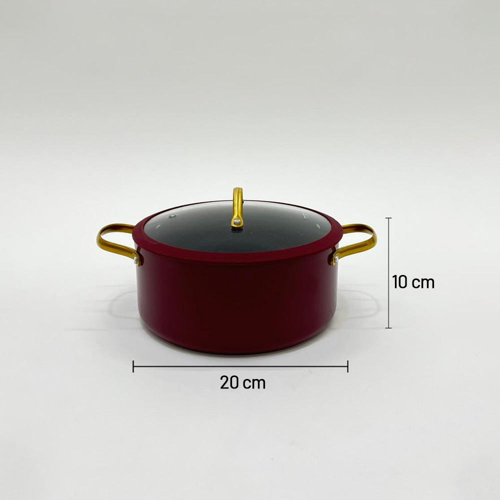 قدر طهي غير لاصق بغطاء زجاجي - 20/22/24 سم، اللون: عنابي وذهبي