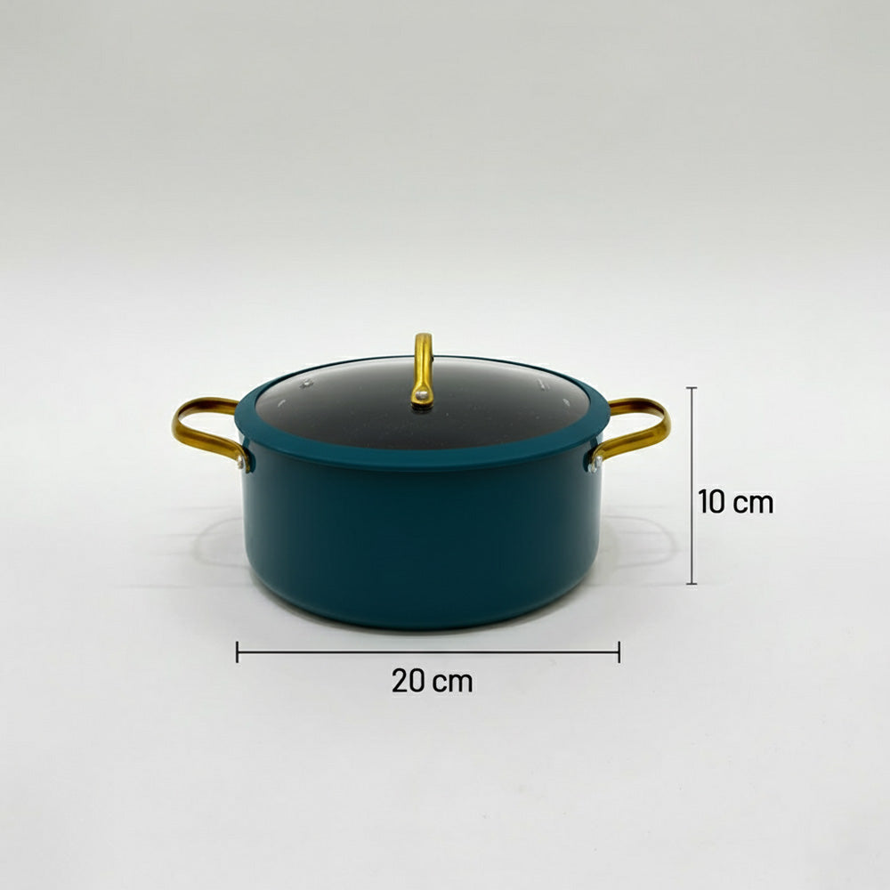 قدر طهي غير لاصق بغطاء زجاجي - 20/22/24 سم، اللون: أزرق مخضر وذهبي