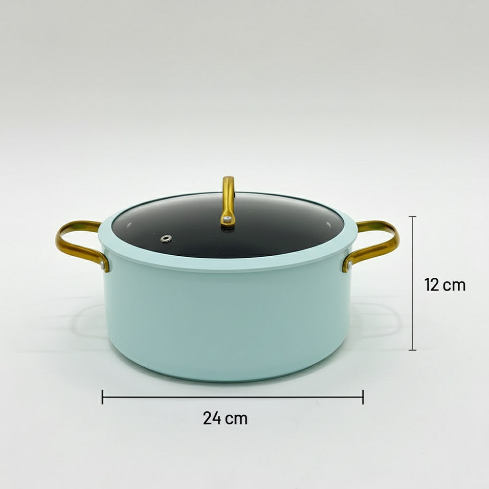 قدر طهي غير لاصق بغطاء زجاجي - 20/22/24 سم، اللون: أزرق فاتح وذهبي