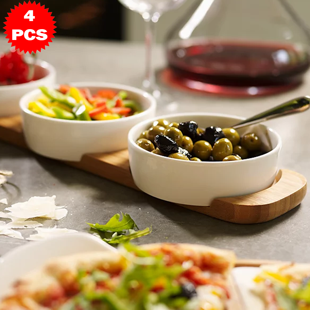 طقم تقديم سيراميك مع قاعدة خشب بامبو – 4 قطع