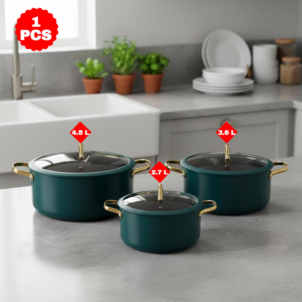 قدر طهي غير لاصق بغطاء زجاجي - 20/22/24 سم، اللون: أزرق مخضر وذهبي