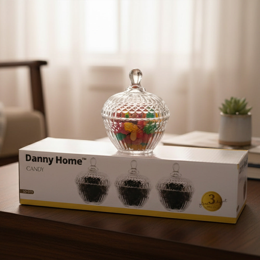 مجموعة وعاء السكر الزجاجي مع غطاء 3 قطع، 12.5 سم