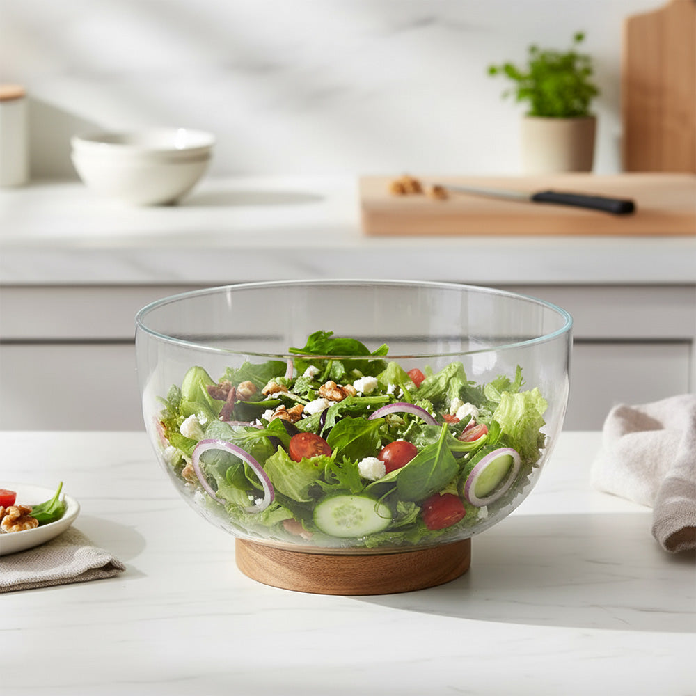 وعاء زجاجي مع صينية خشبية