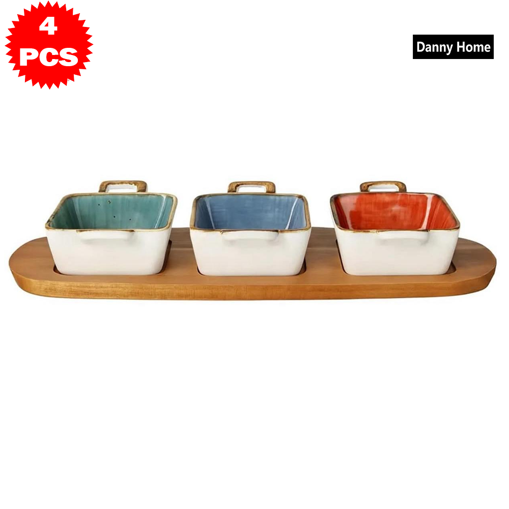 طقم 4 قطع 3 أوعية مع لوح خشب أكاسيا