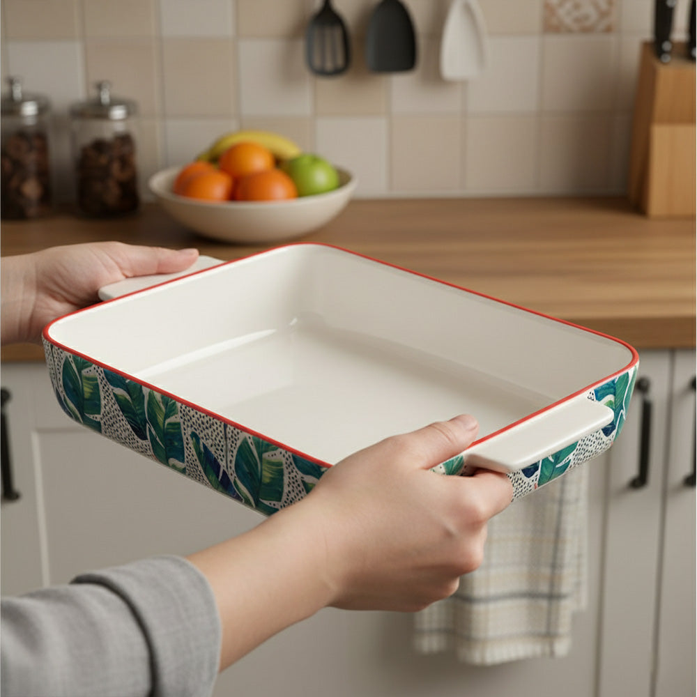 صينية خبز سيراميك مستطيلة - (تصميم بنمط أوراق الشجر)