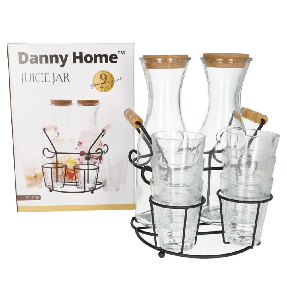 برطمانات عصير زجاجية مع أكواب وأغطية وحامل، 3 قطع