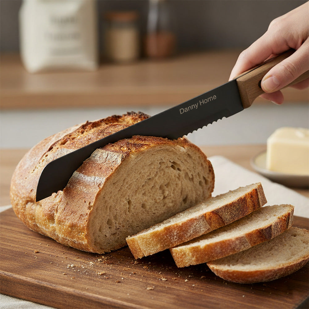 سكين خبز من الفولاذ المقاوم للصدأ باللون الأسود 33 سم