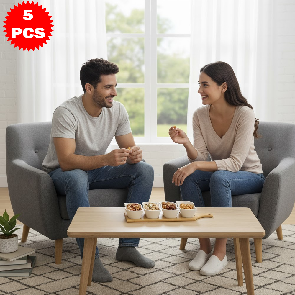 طقم تقديم سيراميك مع قاعدة خشب بامبو – 5 قطع