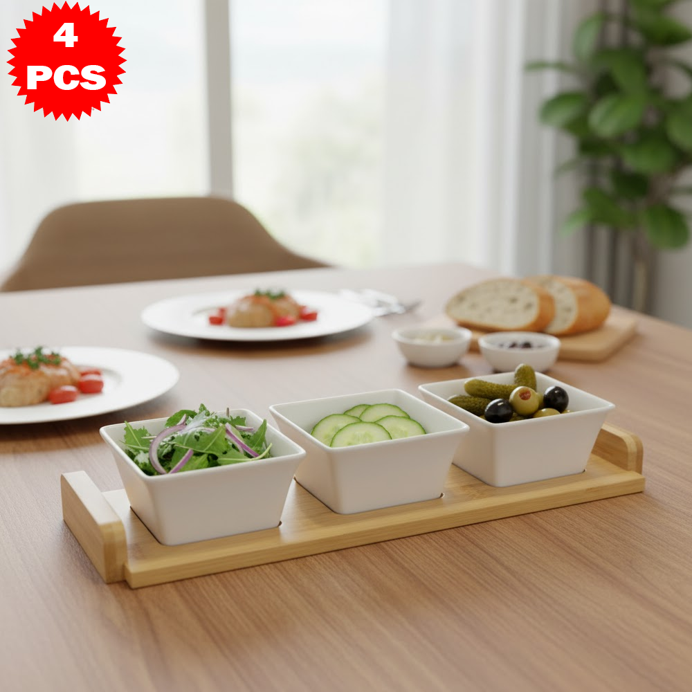 طقم تقديم سيراميك مع قاعدة خشب