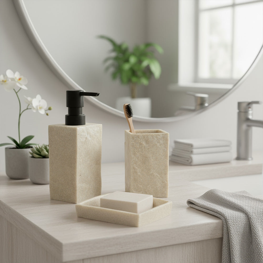 مجموعة إكسسوارات الحمام المزخرفة بالحجر من 3 قطع