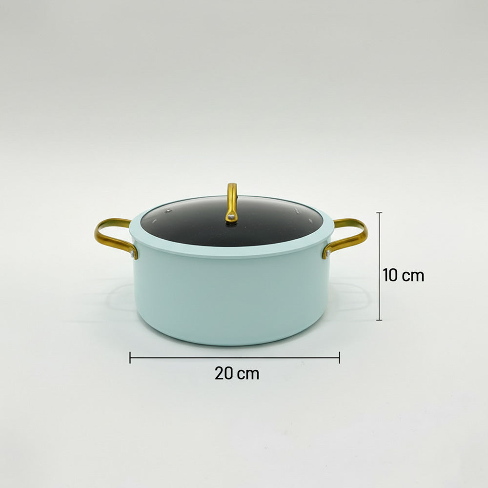 قدر طهي غير لاصق بغطاء زجاجي - 20/22/24 سم، اللون: أزرق فاتح وذهبي
