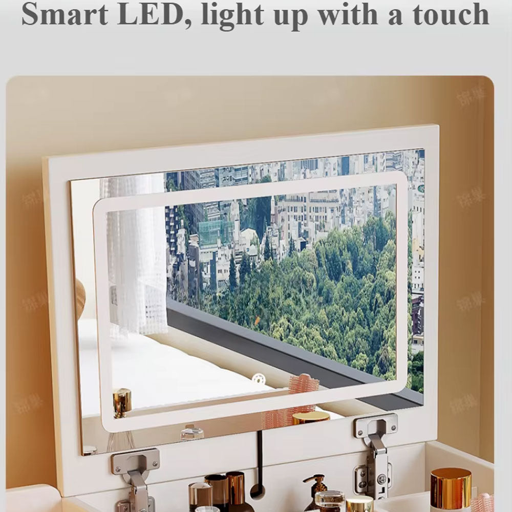 طاولة ماكياج مع مقعد ومرآة مضيئة