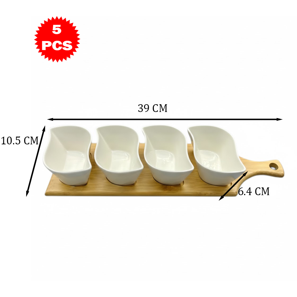 طقم تقديم سيراميك متمايل مع قاعدة خشب