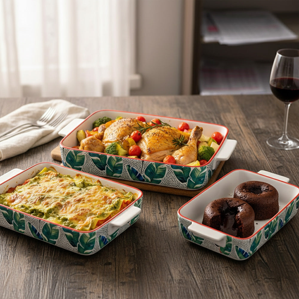 صينية خبز سيراميك مستطيلة - (تصميم بنمط أوراق الشجر)