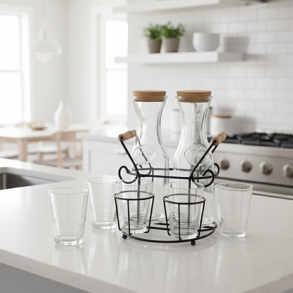 برطمانات عصير زجاجية مع أكواب وأغطية وحامل، 3 قطع