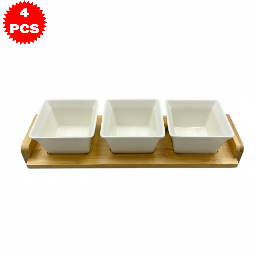 طقم تقديم سيراميك مربع مع قاعدة خشب بامبو – 4 قطع