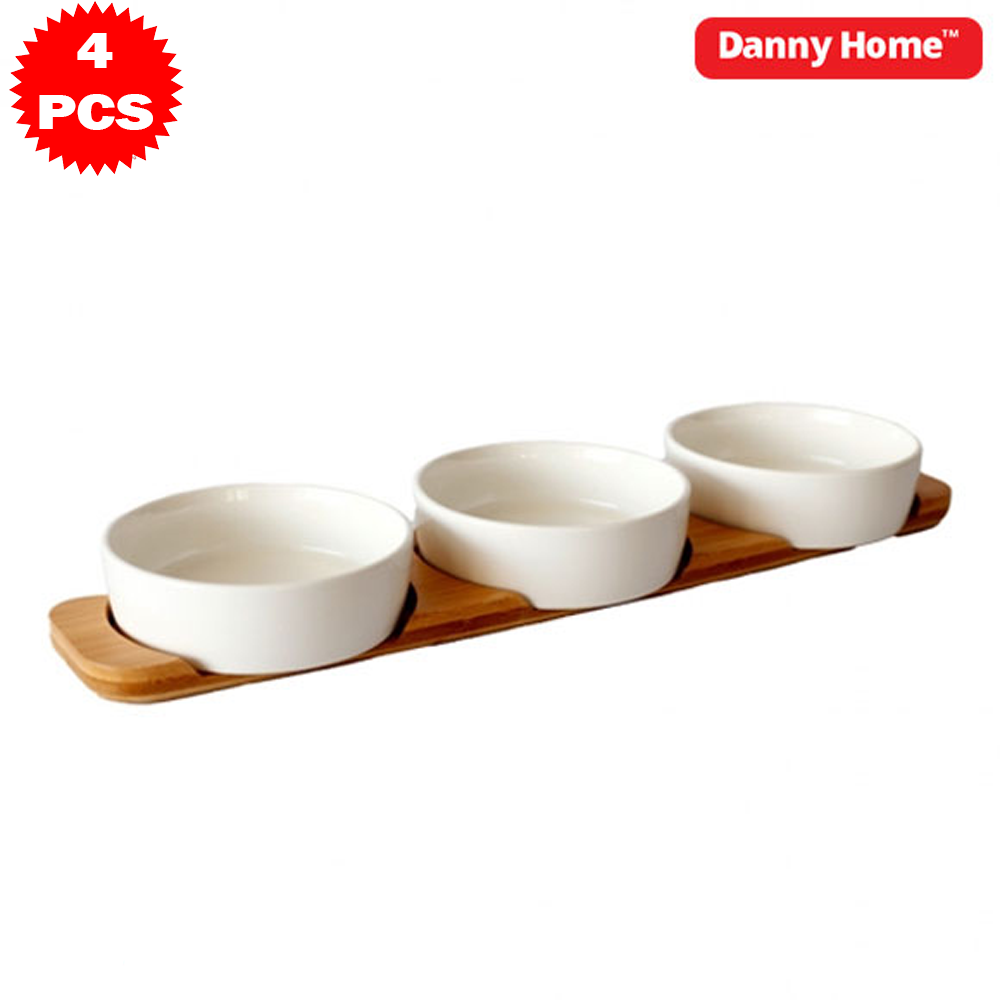 طقم تقديم سيراميك مع قاعدة خشب بامبو – 4 قطع