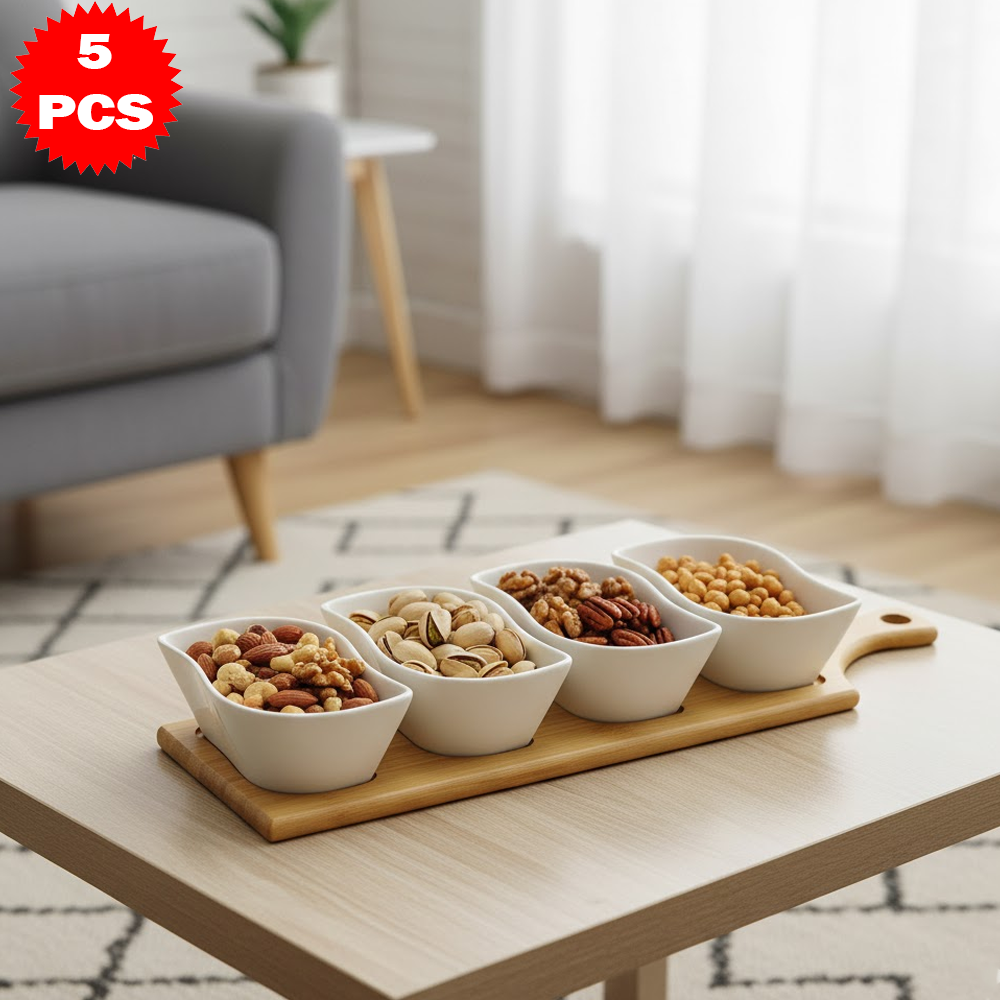 طقم تقديم سيراميك مع قاعدة خشب بامبو – 5 قطع