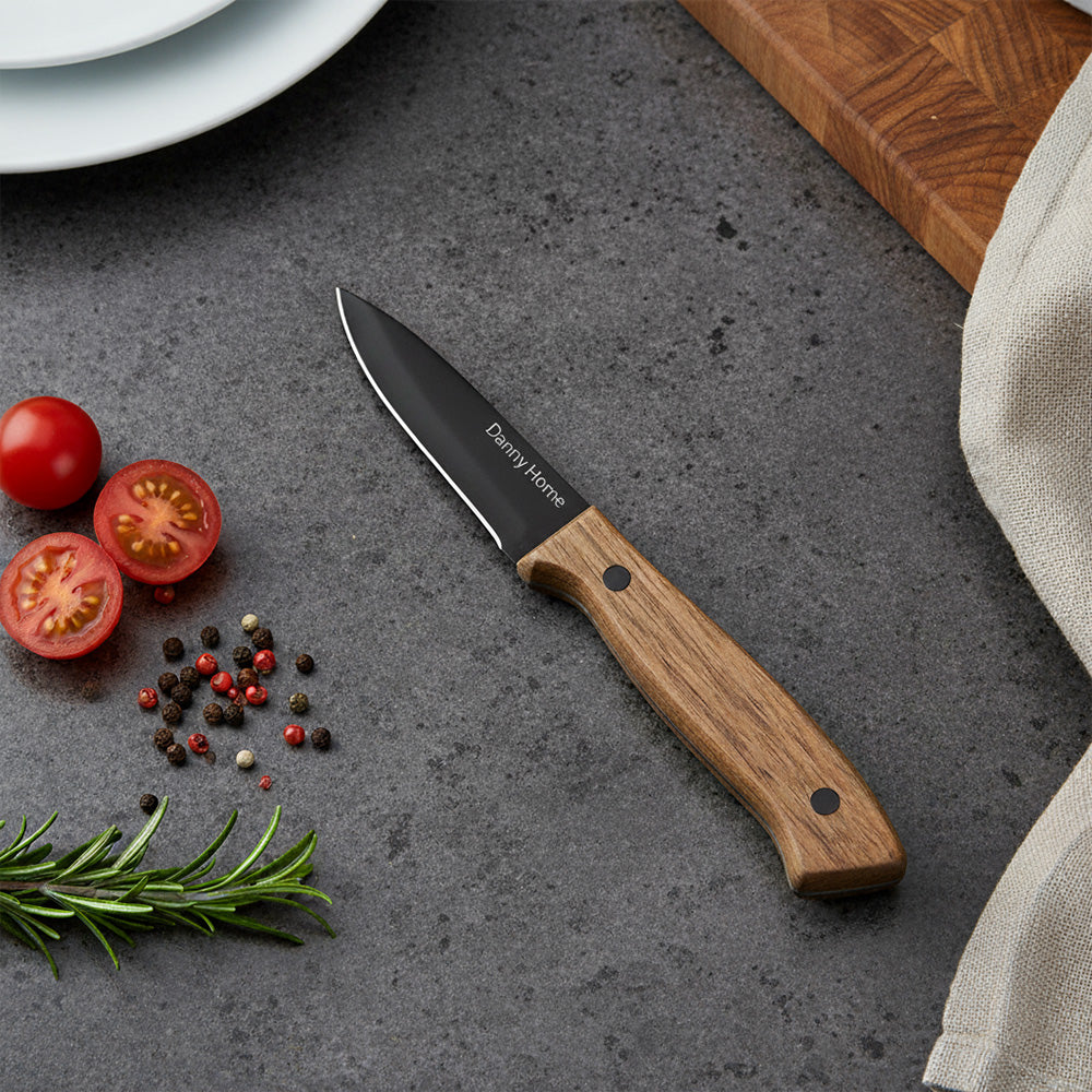 سكين تقشير من الفولاذ المقاوم للصدأ باللون الأسود بمقبض خشبي، 19 سم