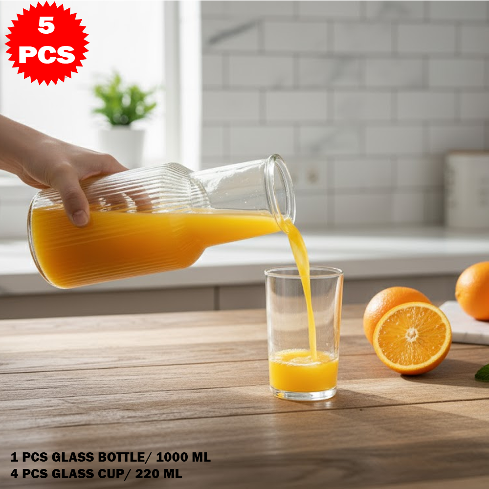 طقم عصير زجاجي فاخر من 5 قطع (قارورة مع 4 أكواب)